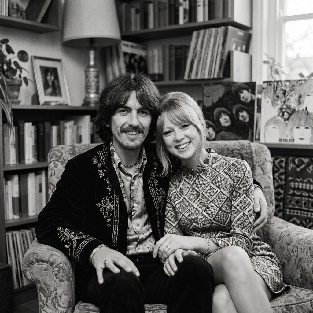 Couple sitting on armchair in a room with bookshelf, vintage records, and plants
