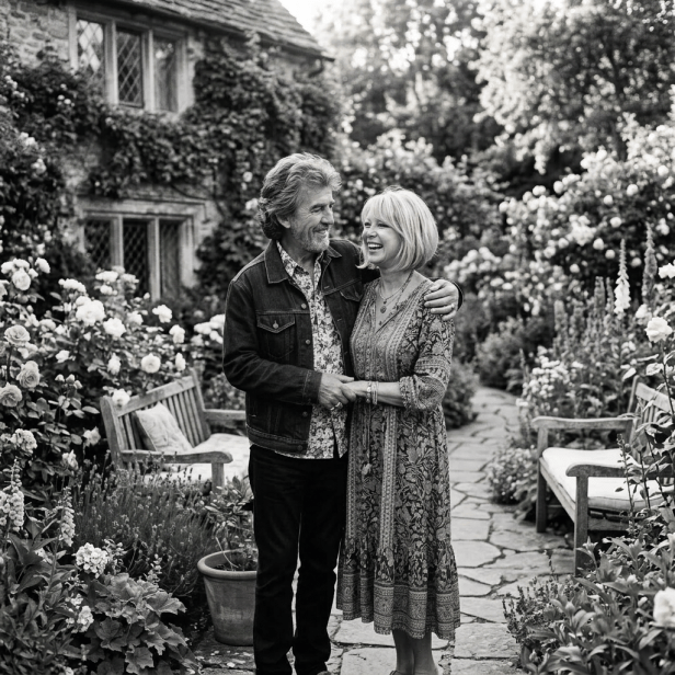 Middle-aged couple smiling and embracing in a colorful flower garden pathway