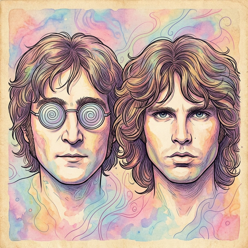 Colorful psychedelic illustration of two musicians from The Doors with guitar and microphone surrounded by swirling patterns and cosmic elements