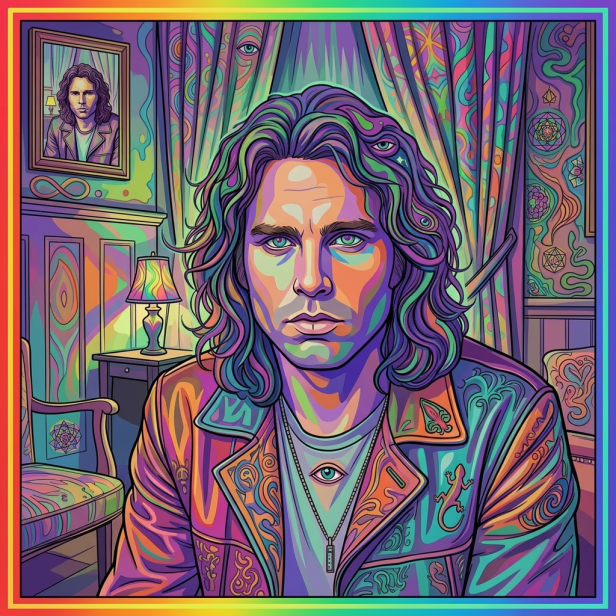 Man with long hair wearing a worn leather jacket looking directly at the camera in a dimly lit room