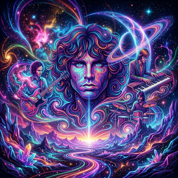 Colorful swirling galaxies and cosmic elements above a neon lit alien landscape.