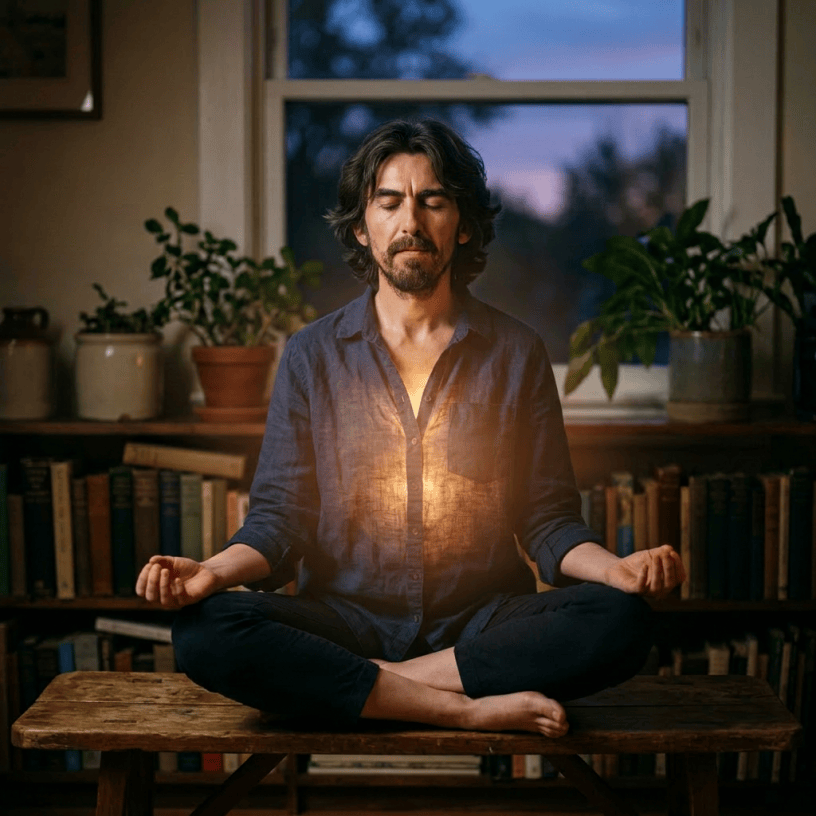 Woman sitting cross-legged on a wooden bench, eyes closed, meditating with a glowing light at her chest indoors