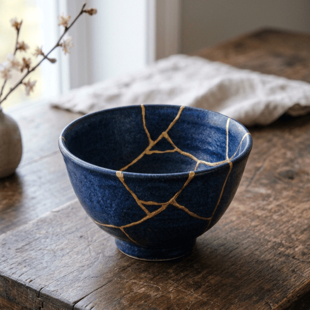 Dark ceramic bowl with golden kintsugi cracks on a wooden table