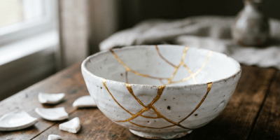 Gold-repaired ceramic bowl with broken pieces on a wooden table