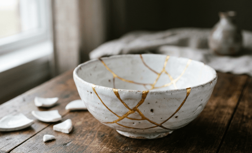 Gold-repaired ceramic bowl with broken pieces on a wooden table