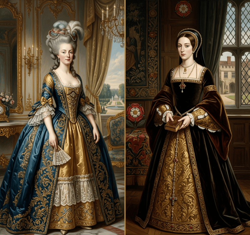 Marie Antoinette (1755–1793), Queen of France, and Anne Boleyn (c. 1501–1536), Queen of England, in historical royal portraits